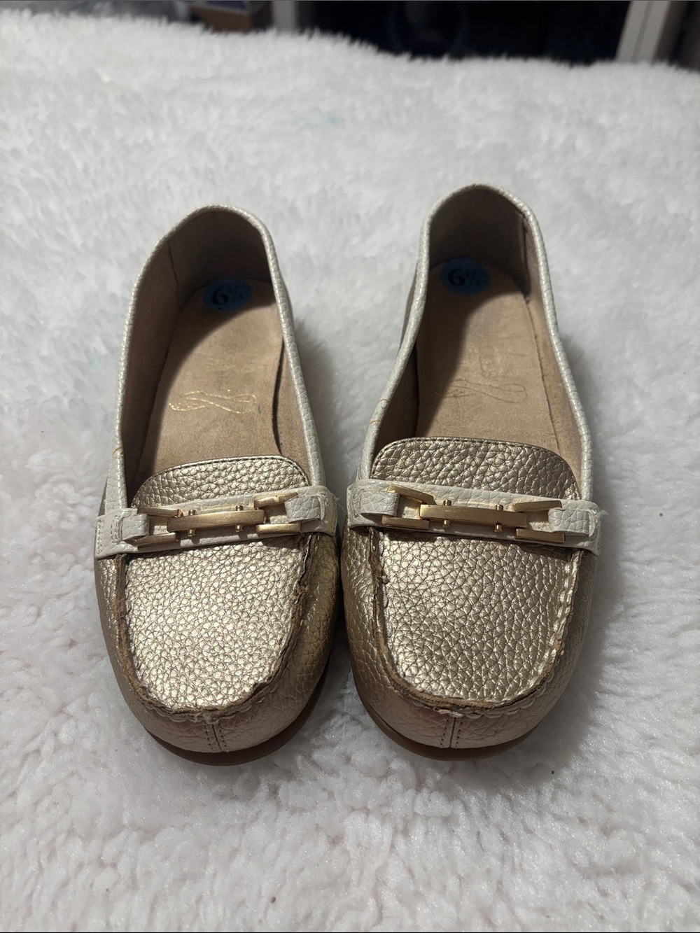 AEROSOLES Metallic Gold Pebbled Loafers with Chain Trim